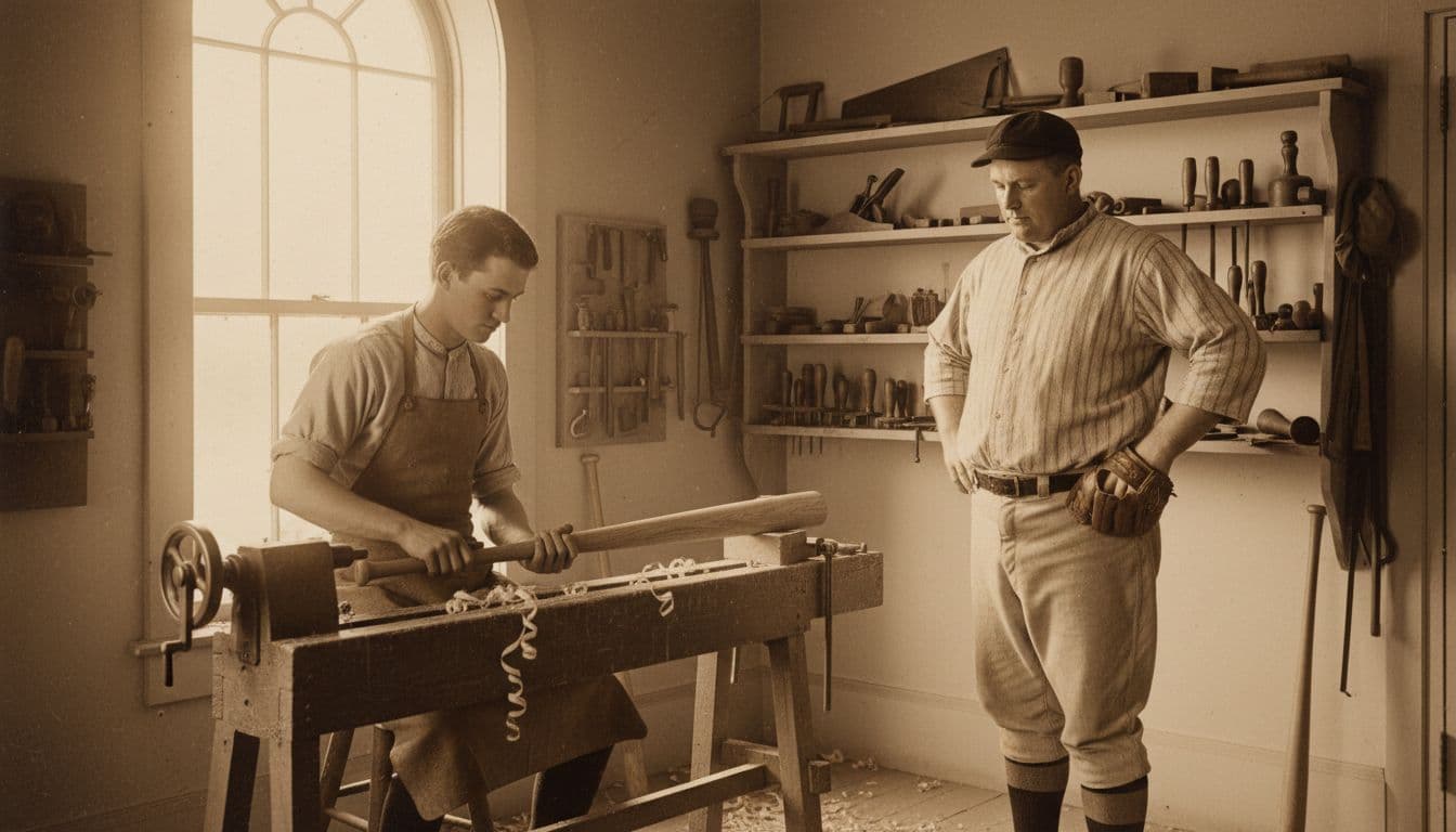 In a 1880s woodworking workshop in Louisville, Kentucky, a young 17-year-old man carves a custom baseball bat on a lathe while a local baseball player in period uniform watches nearby.