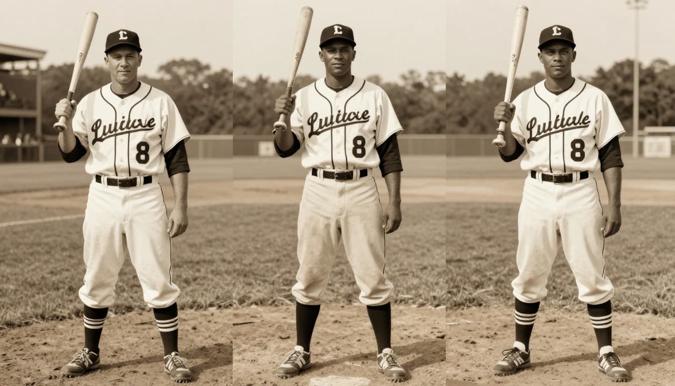 Vintage-style portraits of baseball icons Babe Ruth, Hank Aaron, and Derek Jeter confidently holding their signature Louisville Slugger bats on baseball fields, blending sepia and color tones in a realistic historical photo style.