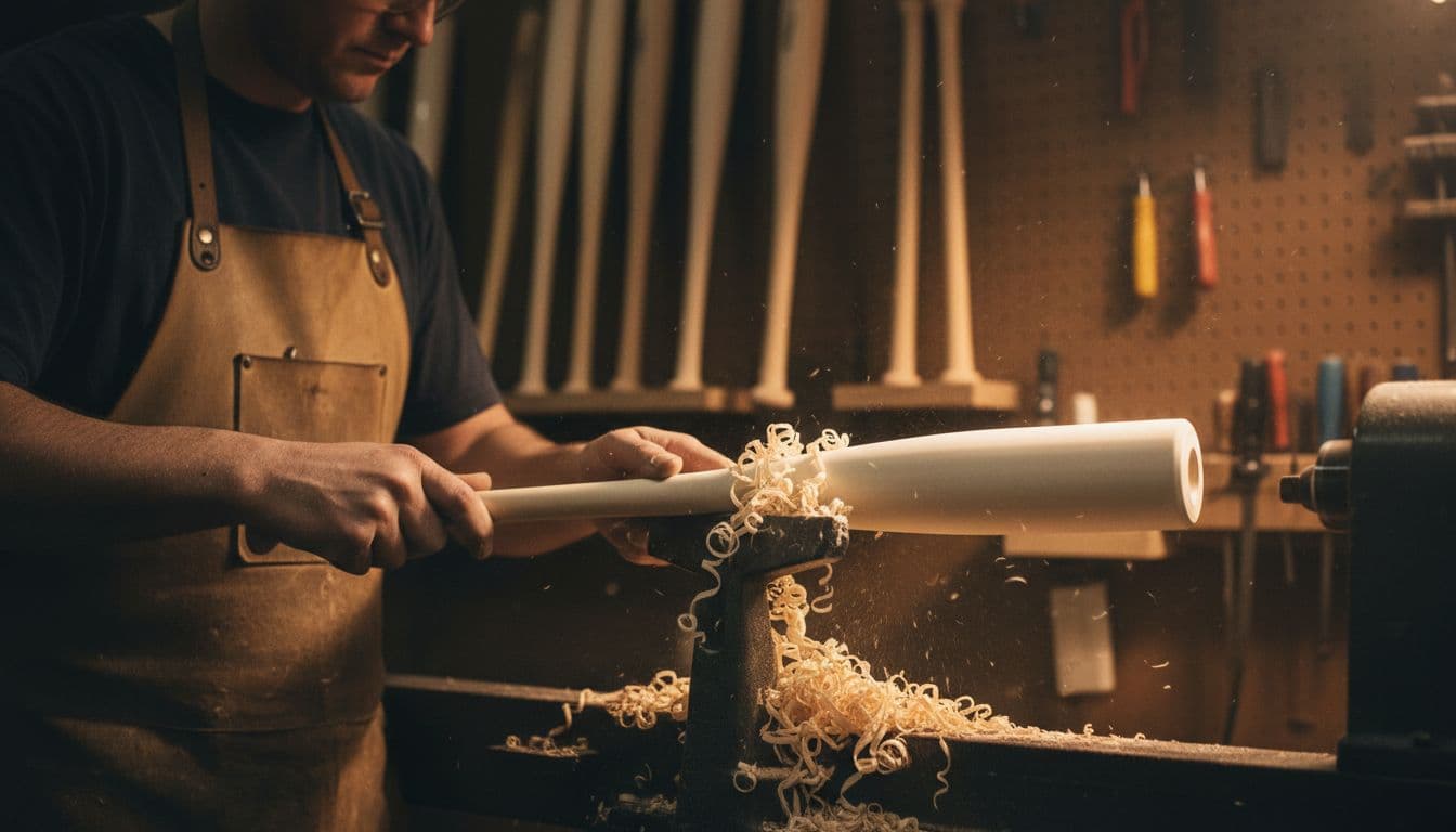 A craftsman in a traditional baseball bat workshop turns a white ash bat on a wood lathe, captured in a close-up view of the spinning bat forming with light wood shavings under warm focused lighting.