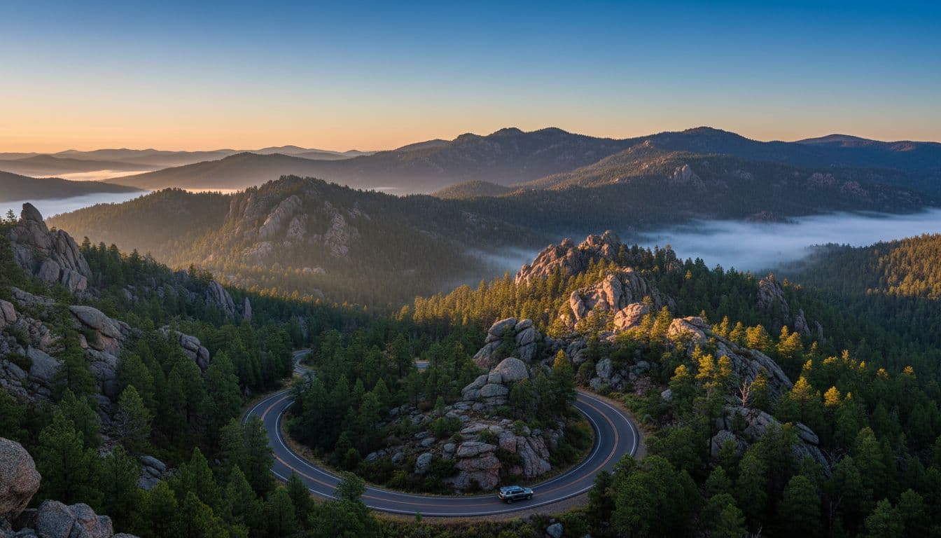 Panoramic view of the Black Hills with dense pine forests, rocky outcrops, and a winding mountain road in early morning mist, featuring one SUV.