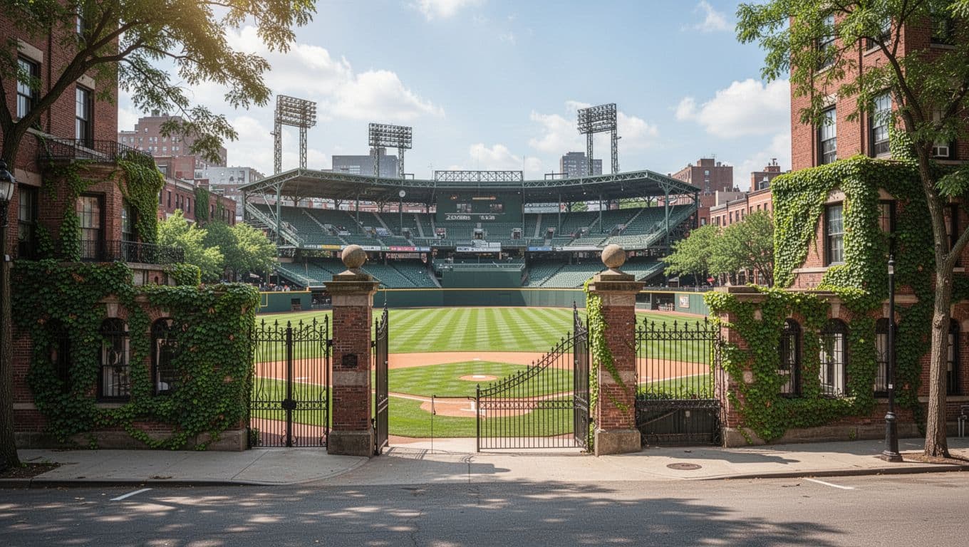 Photorealistic exterior of a classic MLB baseball stadium like Wrigley Field or Fenway Park on a bright summer day, with ivy-covered walls, green outfield visible through gates, urban setting, empty and lively atmosphere without crowds, text, logos, or people.