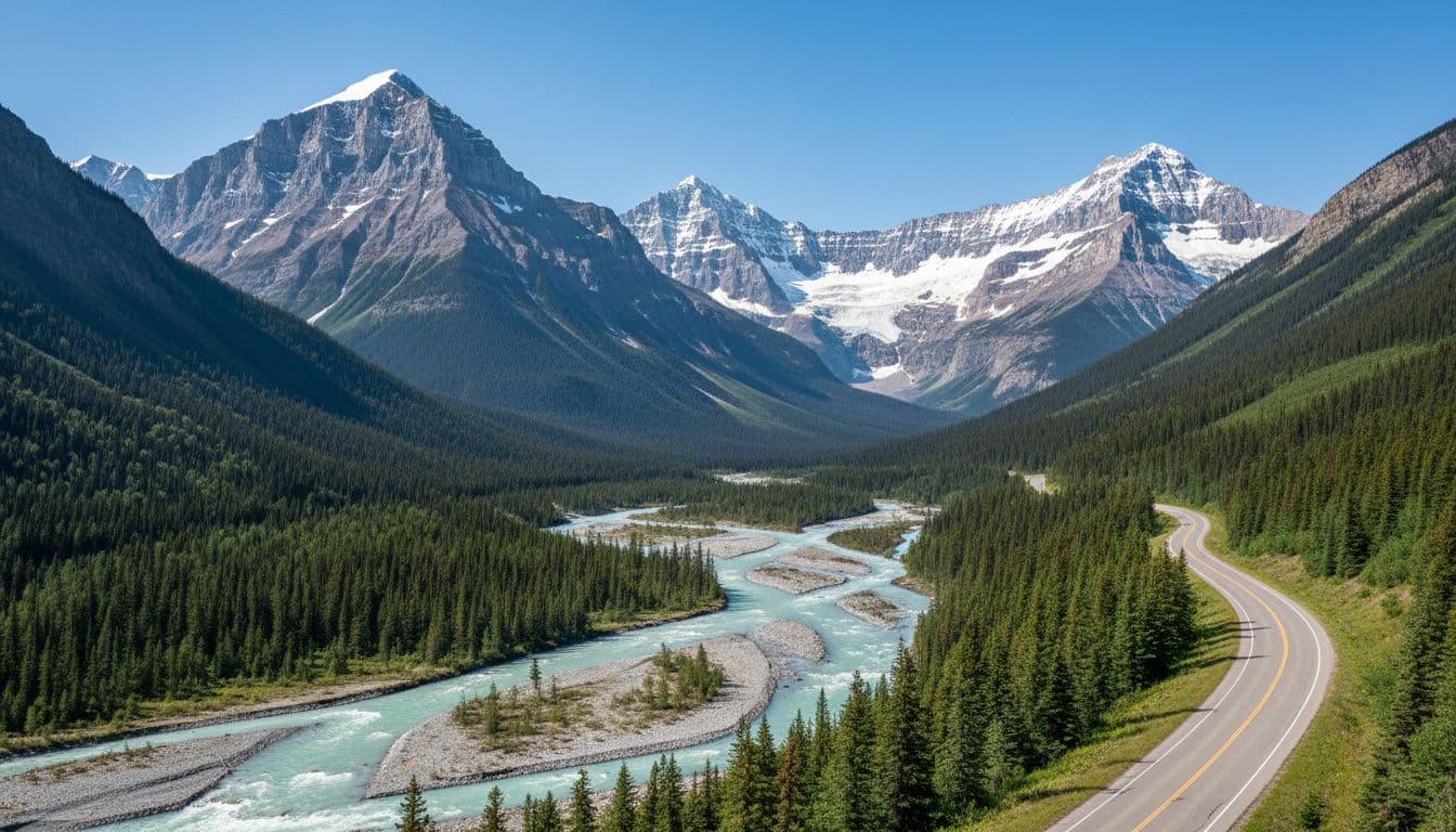 Winding scenic road along the Icefields Parkway through dramatic Canadian Rockies with turquoise rivers, distant glaciers, and lush green summer valleys under clear blue skies.
