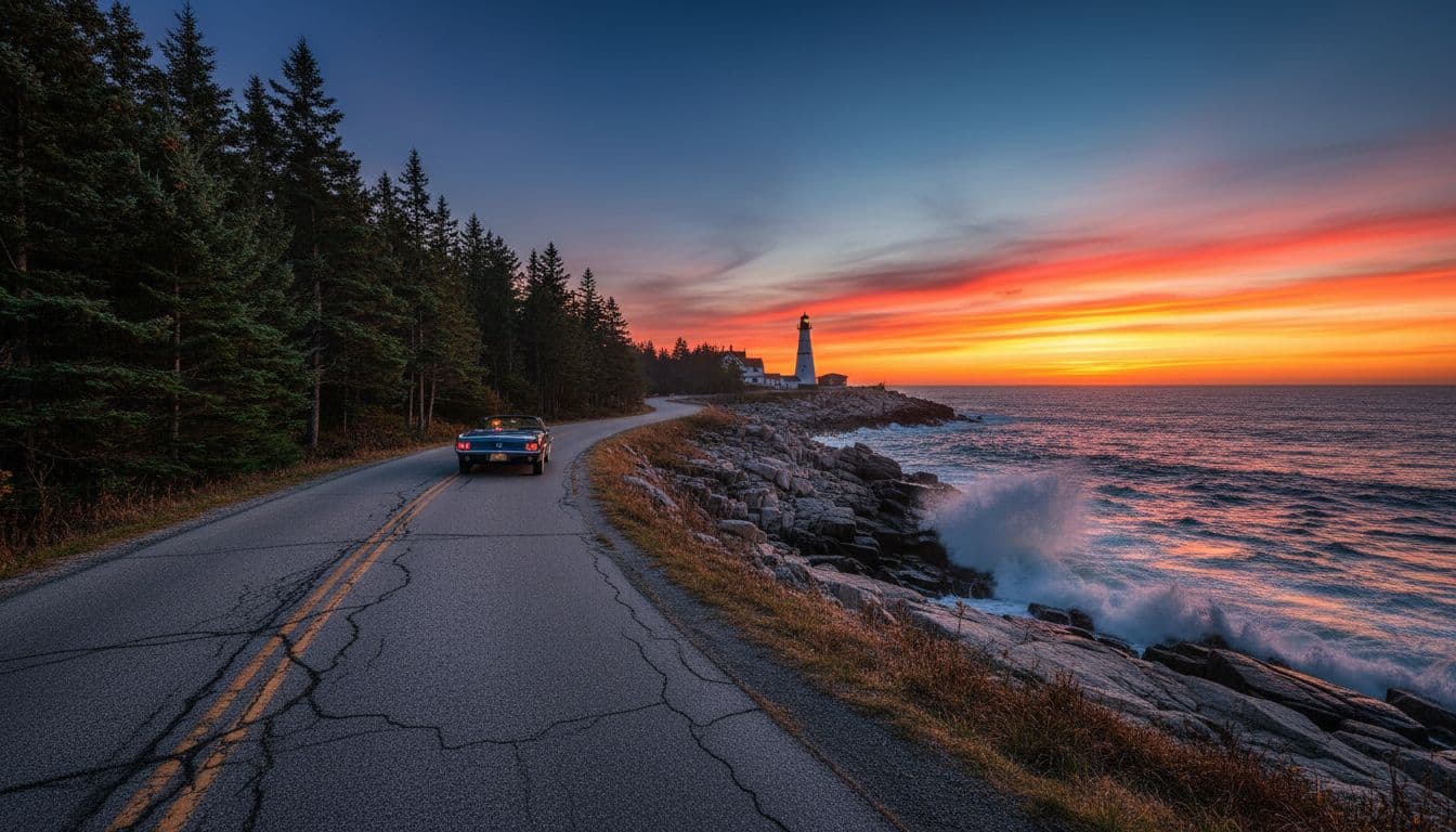 A winding coastal road hugs the rocky Maine shoreline at sunset, with pine trees on one side and ocean waves crashing below, a classic lighthouse in the distance, and exactly one car driving away.