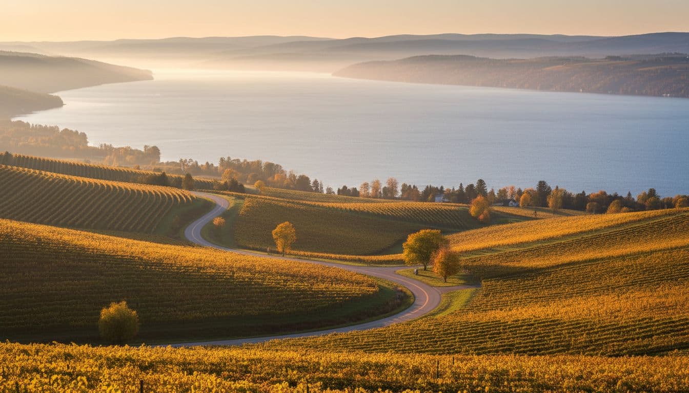 Photorealistic landscape of rolling vineyards along Seneca Lake in New York's Finger Lakes, with golden hour sunlight, misty blue hills, lake view, and winding road.