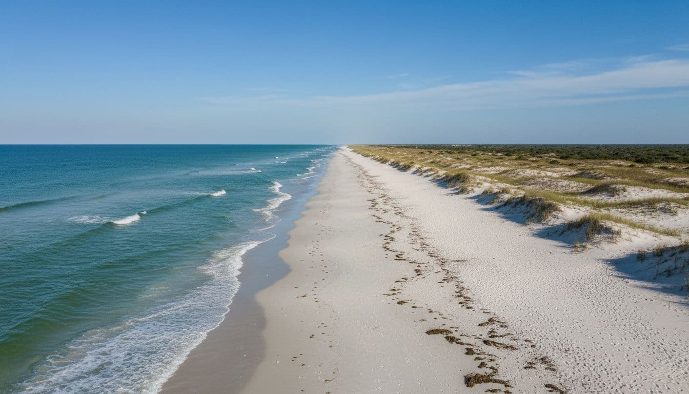 Serene aerial landscape of South Padre Island, Texas beach with fine white sand curving along calm turquoise Gulf waters, gentle waves, seashells, seaweed, distant grassy dunes, vibrant sunny day blue sky.