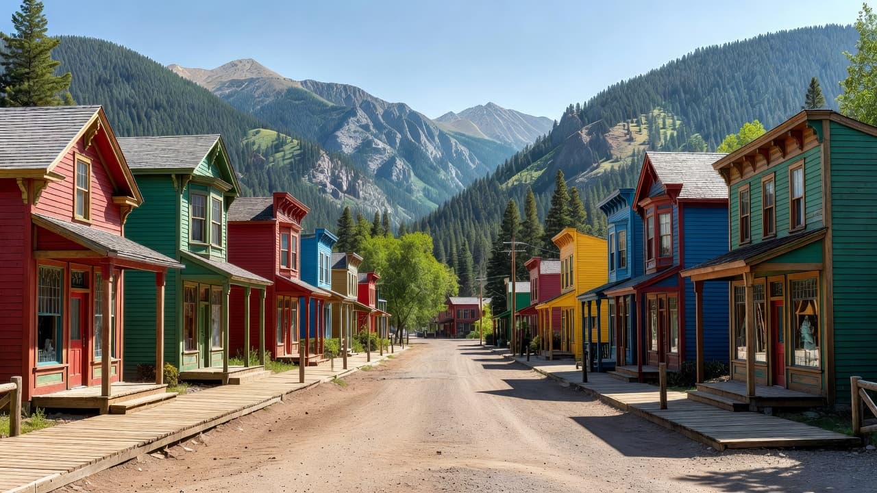 Victorian storefronts with colorful facades line a rustic wooden sidewalk under clear skies. Towering, jagged mountain peaks loom in the distance behind this quaint, peaceful Colorado main street scene.