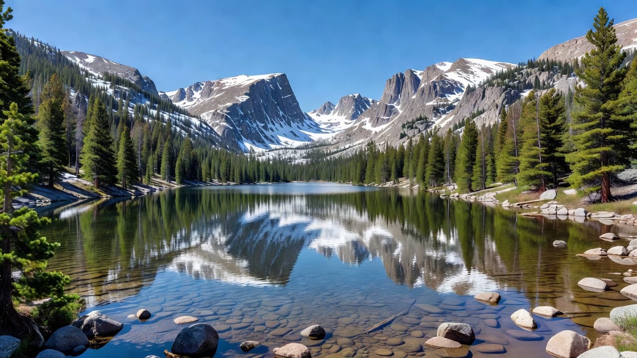 A calm, crystal clear lake mirrors the jagged, snow-dusted peaks of the Colorado Rockies. Thick, vibrant evergreen pine forests frame the water under a brilliant, cloudless blue sky during midday.